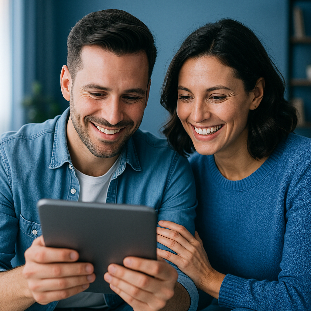 Happy couple viewing real estate client portal