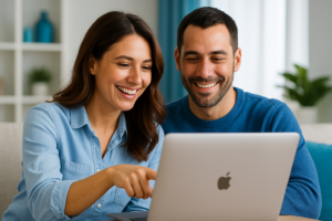 happy couple looks at real estate client portal together